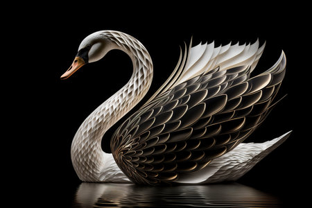 The white swan statue is made of shiny silver material on a dark background. Wildlife animals. Illustration. Generative AI.の素材