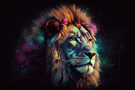 Image of a lion head with beautiful bright colors on a dark background. Wildlife Animals. Illustration, generative AI.の素材