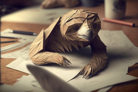 Image of paper origami art. Handmade paper sloth. Wildlife animals. Illustration, Generative AIの素材