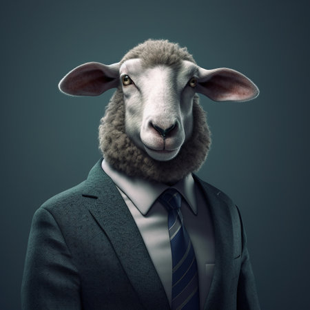 Image of a sheep businessman wearing a suit on clean background. Farm animals. Illustration, generative AI.の素材