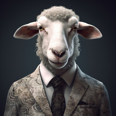 Image of a sheep businessman wearing a suit on clean background. Farm animals. Illustration, generative AI.の素材