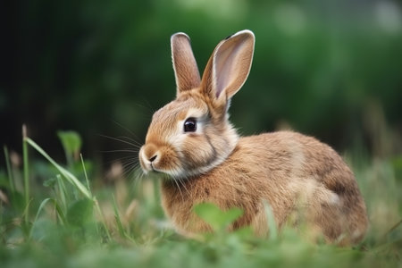 Image of brown rabbit resting on green pasture grass on summer. Wildlife Animals. Illustration. Generative AI.の素材