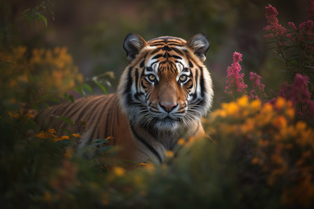 Image of a tiger surrounded by colorful tropical flowers in a beautiful garden. Wildlife Animals. Illustration, Generative AI.の素材