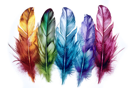 Image of colorful feathers on white background. Bird. Wildlife Animals. Illustration. Generative AI.の素材