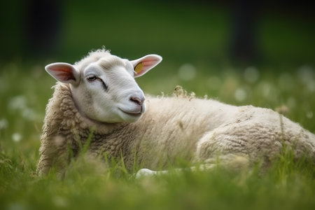 Image of young sheep resting on green pasture grass on summer. Farm animals. Illustration. Generative AI.の素材
