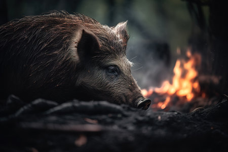 Image of boar exhausted in the midst of wildfires and smoke. Wildlife Animals. Illustration. Generative AI.の素材