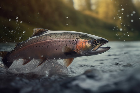 Salmon jumping out of the water in the river with splash water. Underwater animals. Illustration, Generative AI.の素材