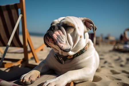 Image of bulldog lying on beach and chair on a clear day. Pet. Illustration, Generative AI.の素材