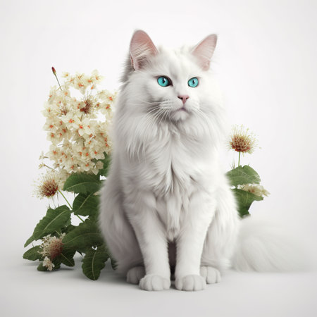 Image of white cat staring up among beautiful flowers. Pet. Animals. Illustration. Generative AI.の素材