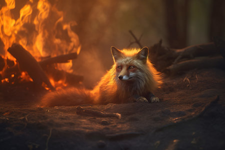 Image of fox exhausted in the midst of wildfires and smoke. Wildlife Animals. Illustration. Generative AI.の素材