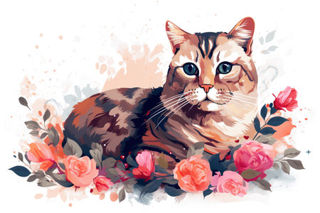 Image of a cat face surrounded by colorful tropical flowers. Pet. Animals. Illustration, Generative AI.の素材