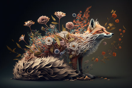 Image of a fox surrounded by colorful tropical flowers on a clean background. Wildlife Animals. Illustration, Generative AI.の素材