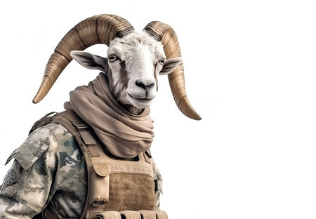 Portrait of a bighorn sheep dressed in a tactical military outfit on a clean background. Farm animals. Illustration, Generative AI.の素材