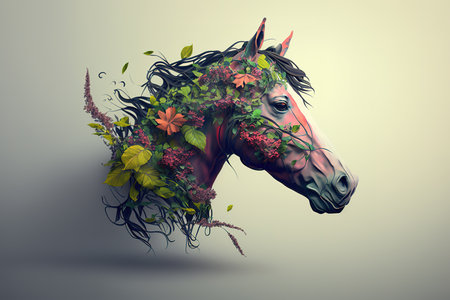 Image of a horse surrounded by colorful tropical flowers on a clean background. Wildlife Animals. Illustration, Generative AI.の素材