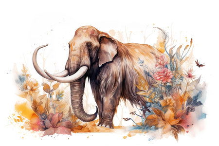 Image of a mammoth surrounded by colorful tropical flowers. Wildlife Animals. Illustration, Generative AI.の素材