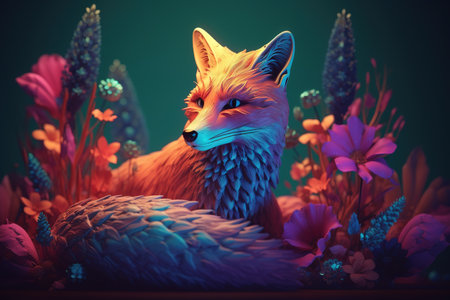 Image of a fox surrounded by colorful tropical flowers. Wildlife animal. Illustration, Generative AI.の素材