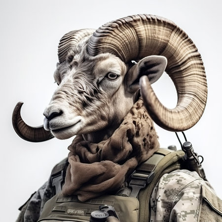 Portrait of a bighorn sheep dressed in a tactical military outfit on a clean background. Farm animals. Illustration, Generative AI.の素材