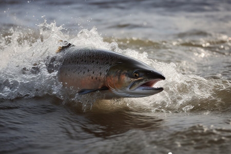 Salmon jumping out of the water in the river with splash water. Underwater animals. Illustration, Generative AI.の素材