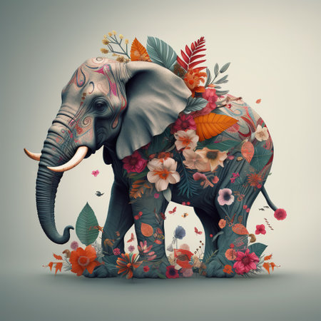 Image of an elephant surrounded by colorful tropical flowers on a clean background. Wildlife Animals. Illustration, Generative AI.の素材