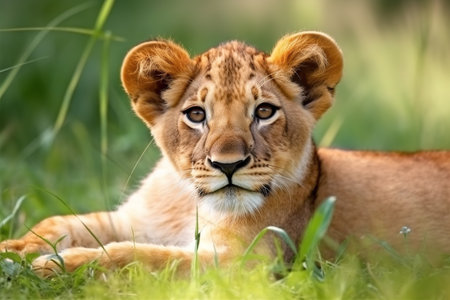Little lion cub resting on green pasture grass on summer. Wildlife Animals. Illustration. Generative AI.の素材