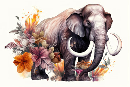 Image of a mammoth surrounded by colorful tropical flowers. Wildlife Animals. Illustration, Generative AI.の素材