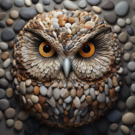 Image of an owl made with various stones gathered together. Birds. Wildlife Animals. Illustration, Generative AI.の素材
