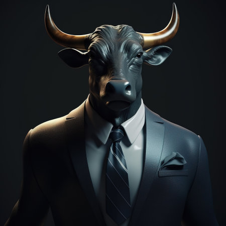 Image of a bull businessman wearing a suit on clean background. Wildlife Animals. Illustration, generative AI.の素材