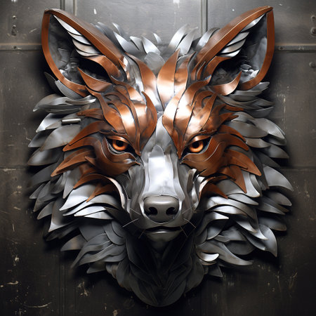 Image of fox face made with steel and various metals on clean background. Wildlife Animals. Illustration, Generative AI.の素材