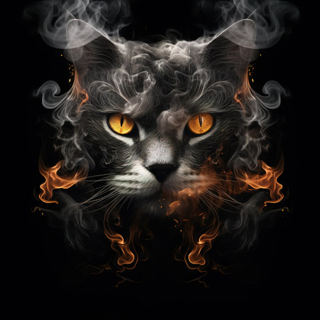 Image of a cat face with fire smoke on black background. Pet, Animals. Illustration, Generative AI.の素材