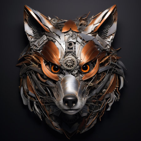 Image of fox face made with steel and various metals on clean background. Wildlife Animals. Illustration, Generative AI.の素材