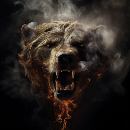 Image of an angry bear face with fire smoke on black background. Wildlife Animals. Illustration, Generative AI.の素材