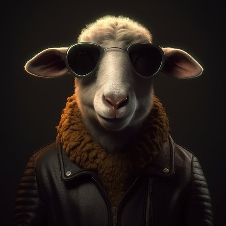 Image of stylish cool sheep wearing sunglasses as fashion and wore a leather jacket. Modern fashion, Animals, Illustration, Generative AI.の素材