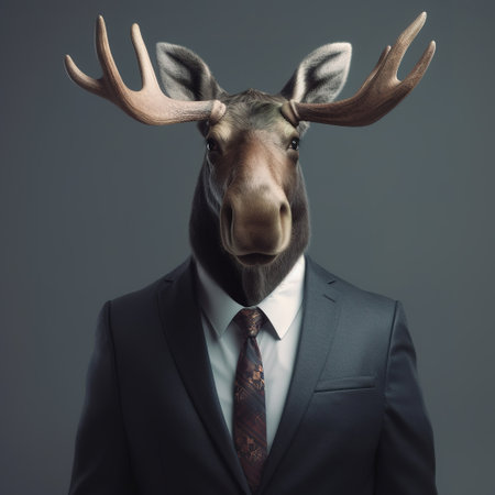 Image of a deer moose businessman wearing a suit on clean background. Wildlife Animals. Illustration, generative AI.の素材