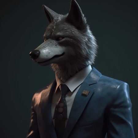 Image of a wolf businessman wearing a suit on clean background. Wildlife Animals. Illustration, generative AI.の素材