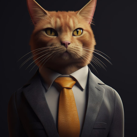 Image of a cat businessman wearing a suit on clean background. Pet. Animals. Illustration, generative AI.の素材
