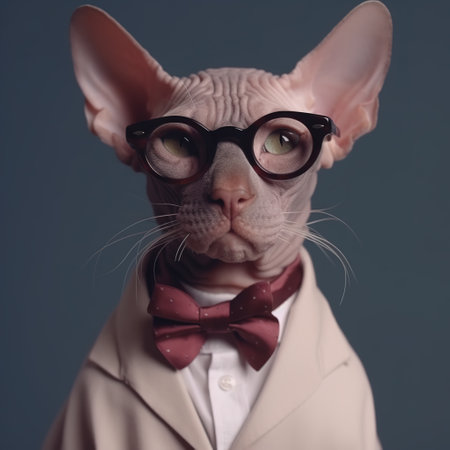 Image of a sphynx cat businessman wearing a suit on clean background. Pet. Animals. Illustration, generative AI.の素材