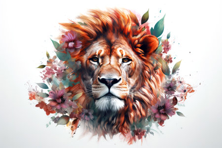 Image of a lion head surrounded by colorful tropical flowers. Wildlife Animals. Illustration, Generative AI.の素材