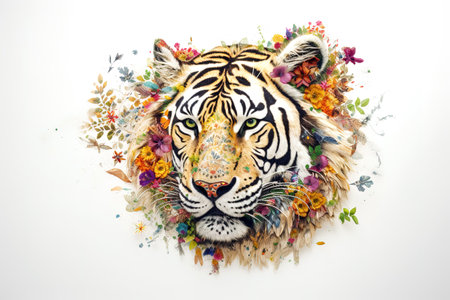 Image of a tiger head surrounded by colorful tropical flowers. Wildlife Animals. Illustration, Generative AI.の素材