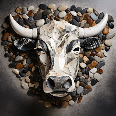 Image of a cow face made with various stones gathered together. Farm animals. Illustration, Generative AI.の素材