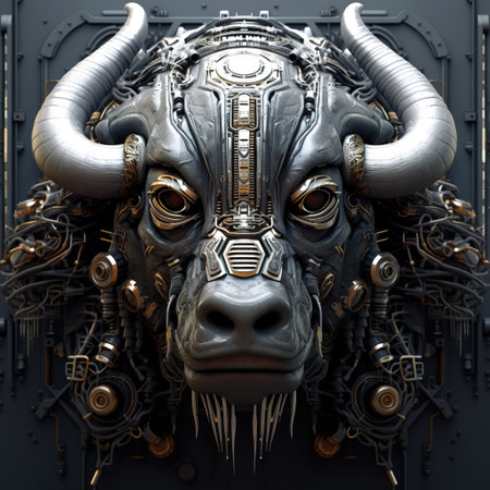A bison head that is a futuristic machine of the future world. Wildlife Animals. Illustration, Generative AI.の素材