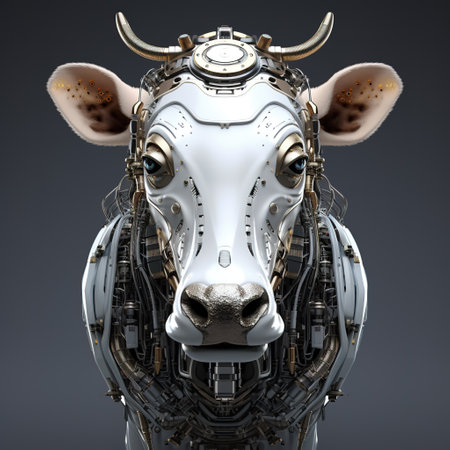 A cow head that is a futuristic machine of the future world. Farm animals. Illustration, Generative AI.の素材