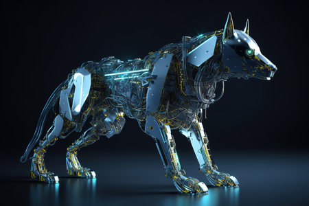 A wolf that is a futuristic machine of the future world. Wildlife Animals. Illustration, Generative AI.の素材