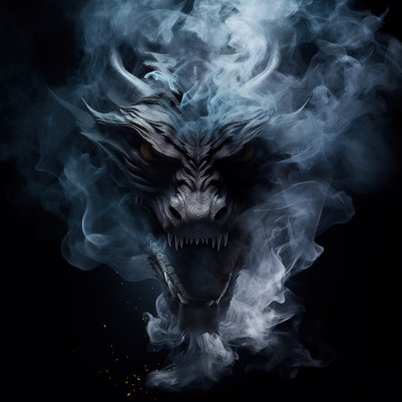 Image of an angry dragon face with fire smoke on black background. Mythical creatures. Illustration, Generative AI.の素材