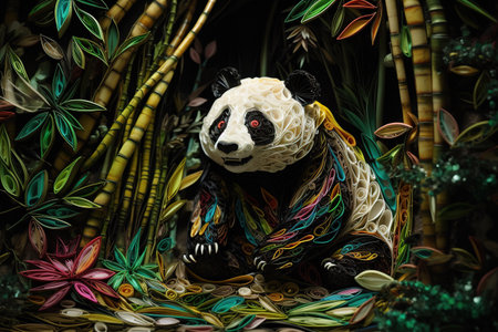 Image of panda in style paper quilling art beautiful colors type low relief. Wildlife Animals. Illustration, generative AI.の素材