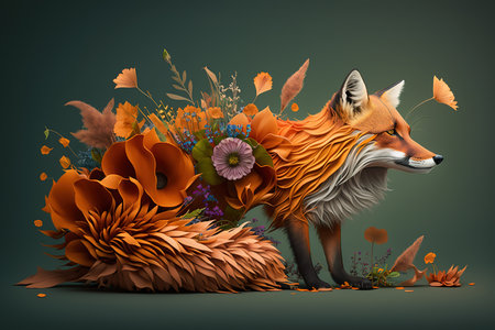 Image of a fox surrounded by colorful tropical flowers on a clean background. Wildlife Animals. Illustration, Generative AI.の素材