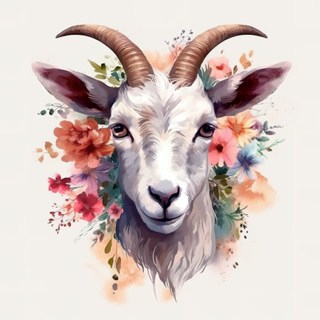 Image of a goat surrounded by colorful tropical flowers. Wildlife Animals. Illustration, Generative AI.の素材