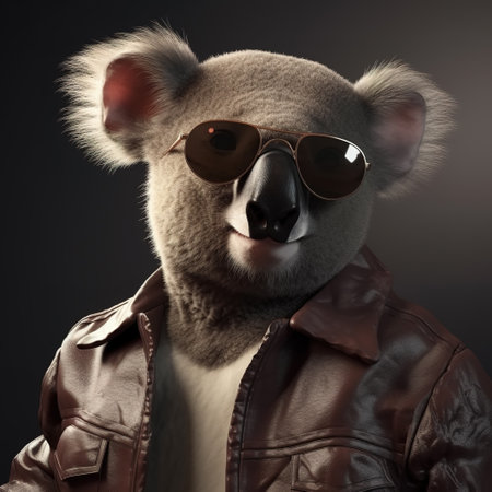 Image of a koala bear wore sunglasses and wore a leather jacket on clean background. Wildlife Animals. Illustration, Generative AI.の素材