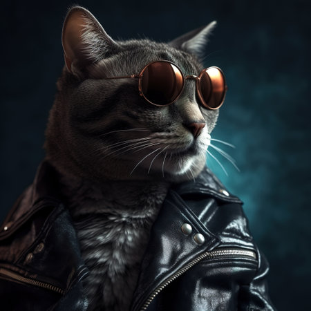 Image of a cat wore sunglasses and wore a black leather jacket on clean background. Pet. Animals. Illustration, Generative AI.の素材