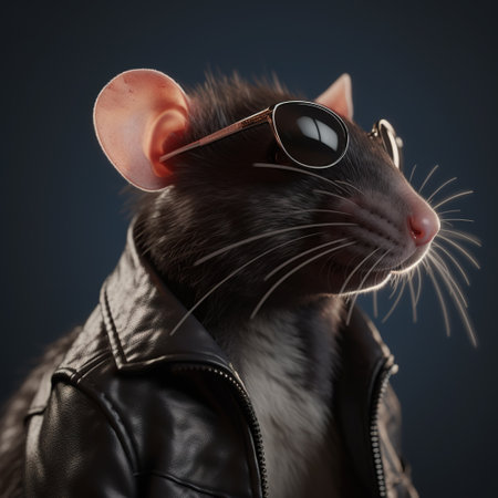 Image of a rat wore a leather jacket and wore sunglasses on clean background. Wildlife Animals. Illustration, Generative AI.の素材