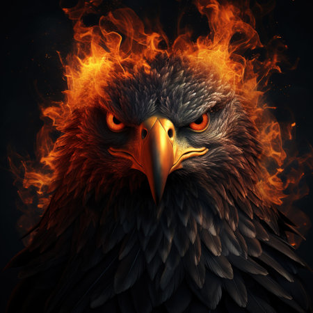 Image of angry an eagle face and flames on dark background. Wildlife Animals. Illustration, Generative AI.の素材